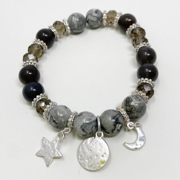 Black Gray Beaded Stretch Bracelet w/Crescent Moon, disk & Star Charms - Picture 1 of 4